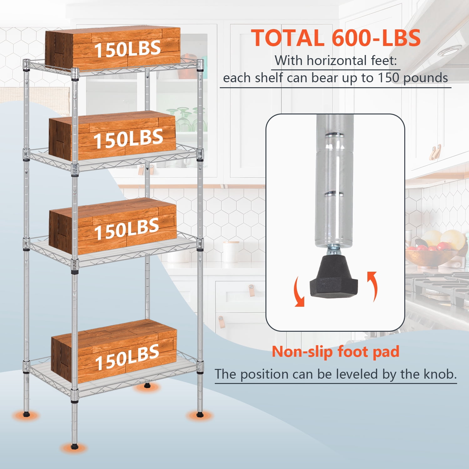 NiamVelo 4-Tier Storage Shelves Adjustable Wire Shelves Metal Shelf with 4 PP Sheets for Kitchen Bathroom  Garage, Chrome
