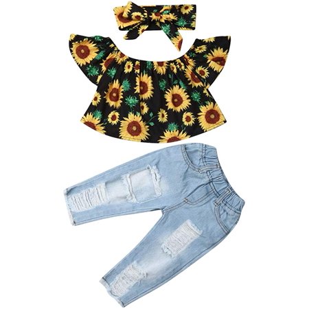 

Toddler Baby Girls Jeans Outfits Off Shoulder Tube Top+Hole Denim Pants Set