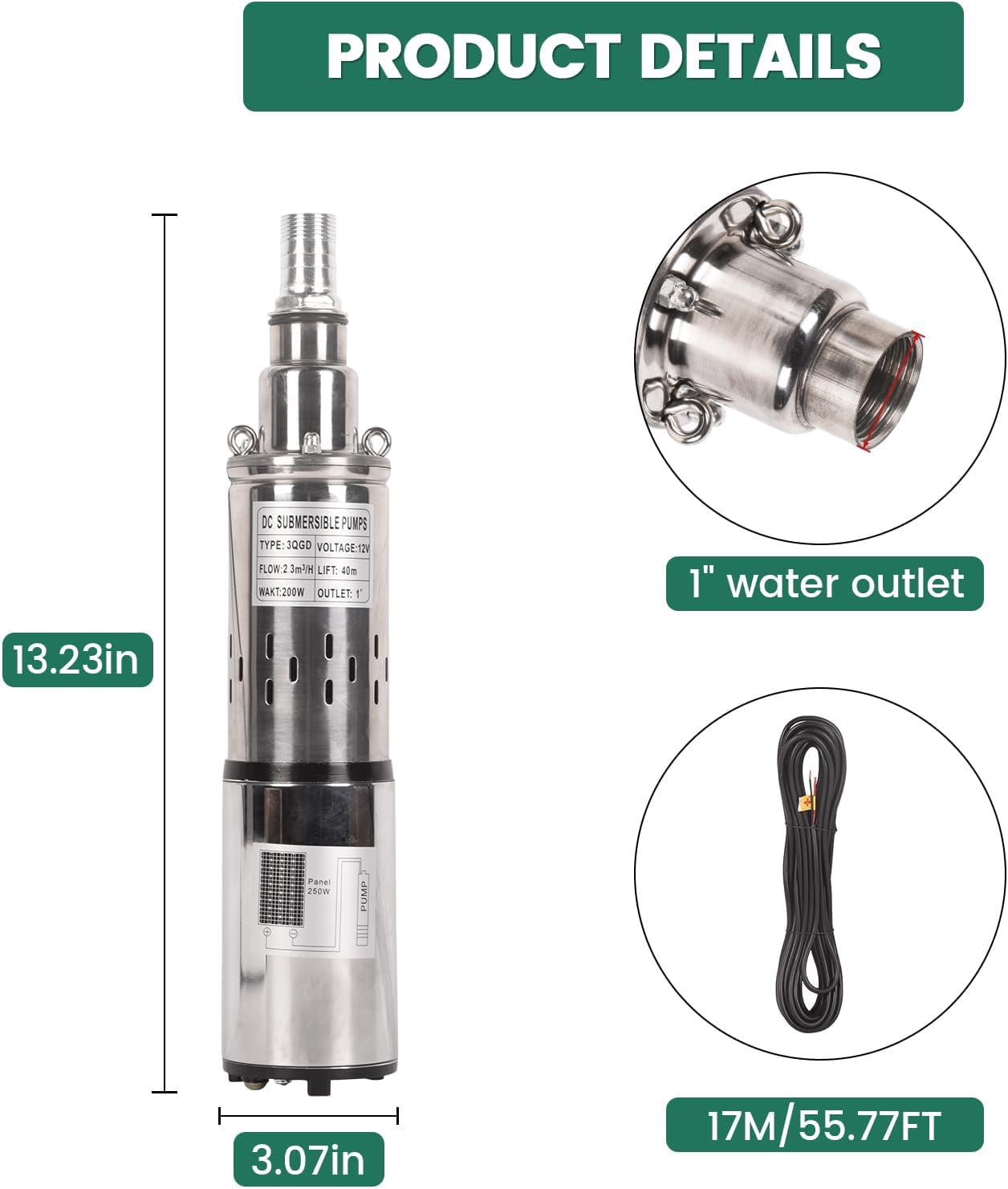 Dawot Deep Well Submersible Pump 12V Solar Submersible Water Pump 10gpm Flow Water Pump 1" Outlet 131ft Head for Industrial, Irrigation and Home Use, IP68 Waterproof Grade