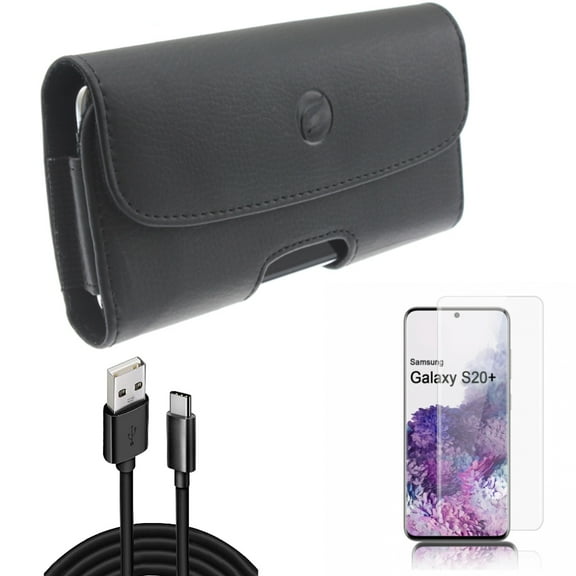 Case Belt Clip w Screen Protector w 10ft USB Cable for Samsung Galaxy S20 Plus - Leather Holster Cover, Tempered Glass [Fingerprint Unlock] 3D Curved Edge, Type-C Charger Cord fits Galaxy S20 Plus
