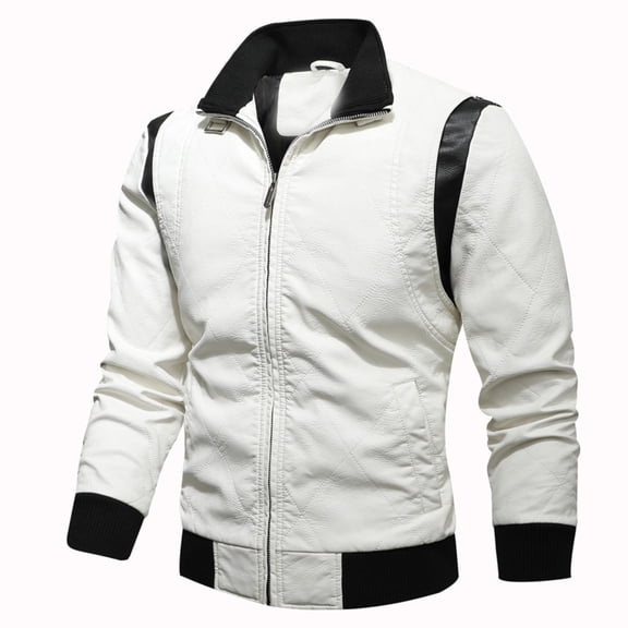 Men's color block PU leather jacket youth motorcycle jacket street wear stand-up collar design