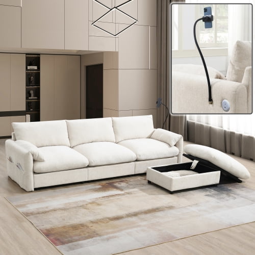 96" Chenille Minimalist Modular Sectional Sofa, Oversized Sectional Sofa Set with USB Charger, Convertible Modular Cloud Sleeper Couch for Living Areas​, Beige