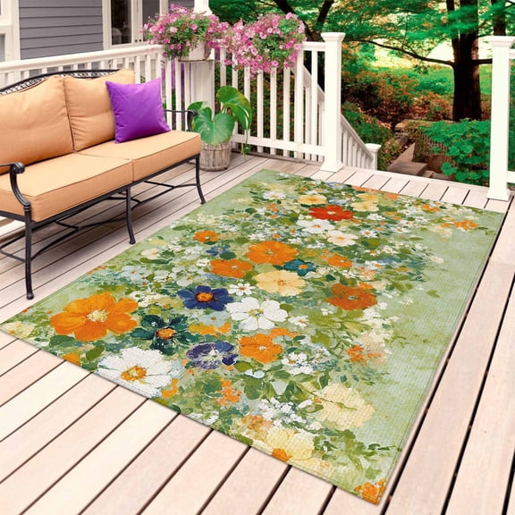 Summer Wildflowers Outdoor Rug 3x5 Ft, Non Slip Washable Area Rug, Pastoral Oil Painted Retro Art Patio Rugs Carpet Runner, Large Floor Mat for Indoor/Outdoor Deck Porch Camping