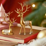 Moocorvic 2Pcs Gold Resin Reindeer Figurines Christmas Table Decorations, Sitting & Standing Deer Statues for Living Room, Bedroom, Christmas Gifs