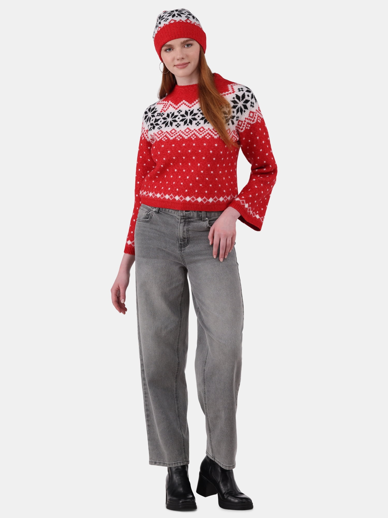 No Boundaries Fairisle Jacquard Pullover and Beanie Set, 2-Piece, Women's and Women’s Plus