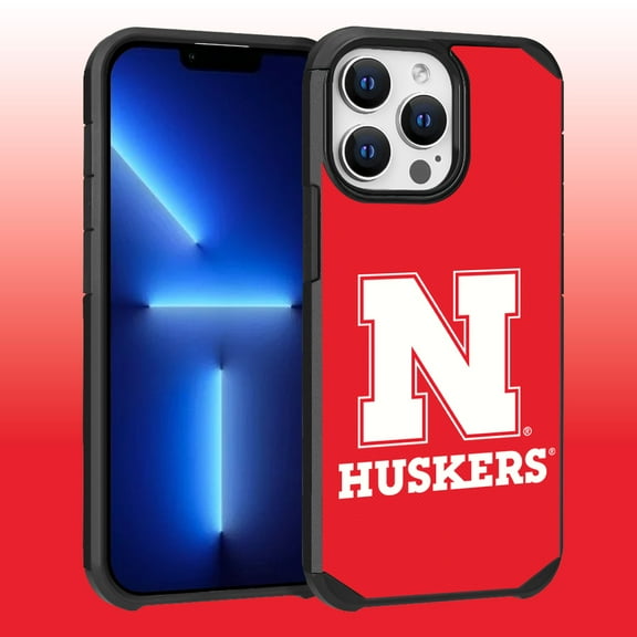 Apple iPhone 13 Pro Max (6.7) / 12 Pro Max (6.7) - Licensed NCAA University of Nebraska Cornhuskers Logo on Red Textured Dual Layer Case