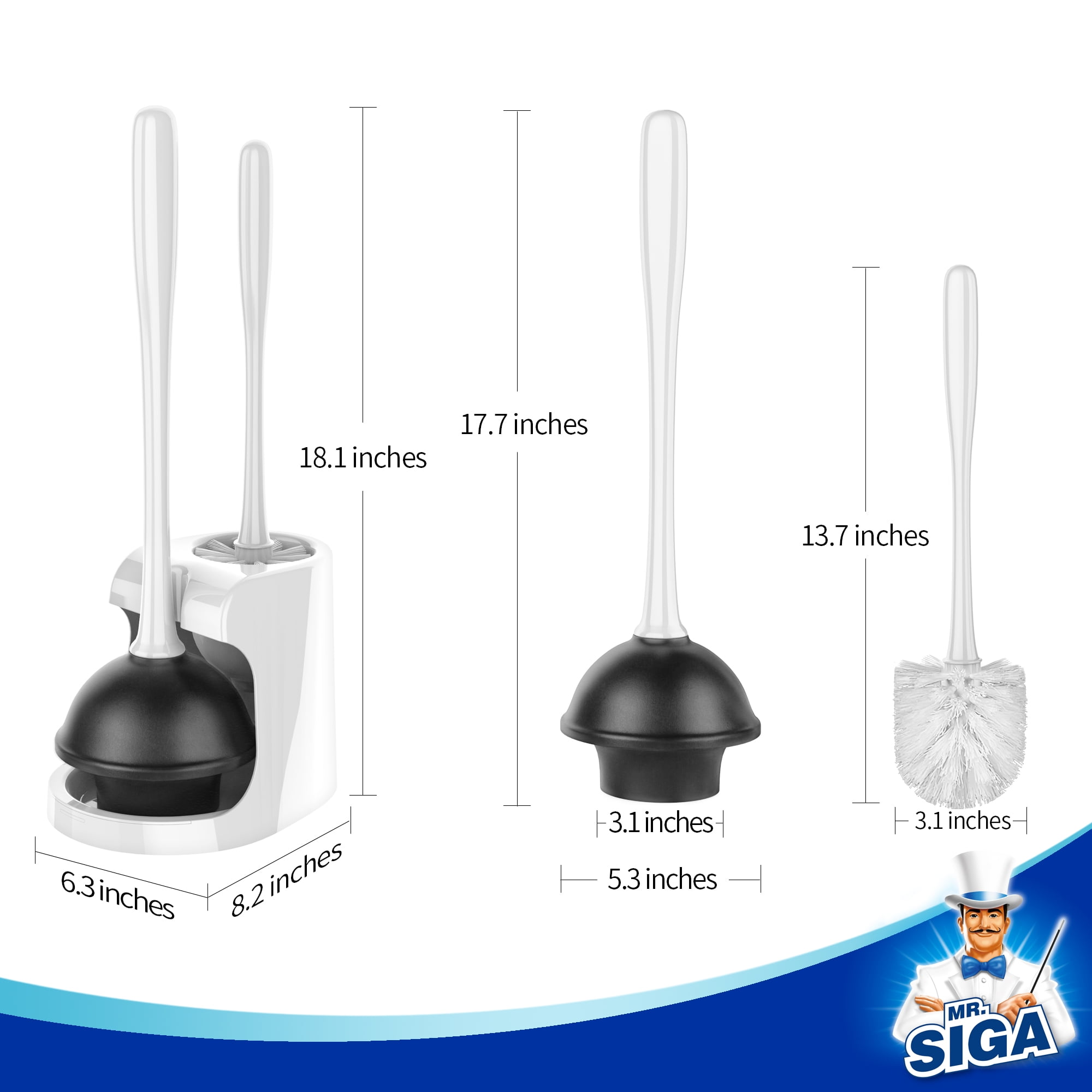 MR.SIGA Toilet Plunger and Bowl Brush Combo, White, 1 Set