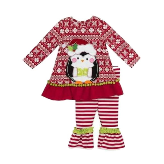 Infant Girls Red Santa Penguin Holiday Outfit Ruffled Shirt & Leggings 24m