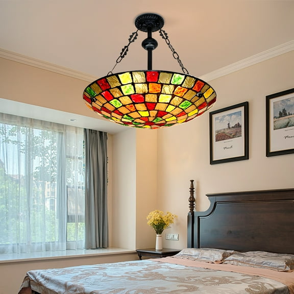 5-Light Geometric Chandelier - Colorful Plastic Pendant Lighting Fixture for Dining Room Living Room, 19.7" Glass Shade Adjustable Chain & 10" Rod with 5.1" Black Ceiling