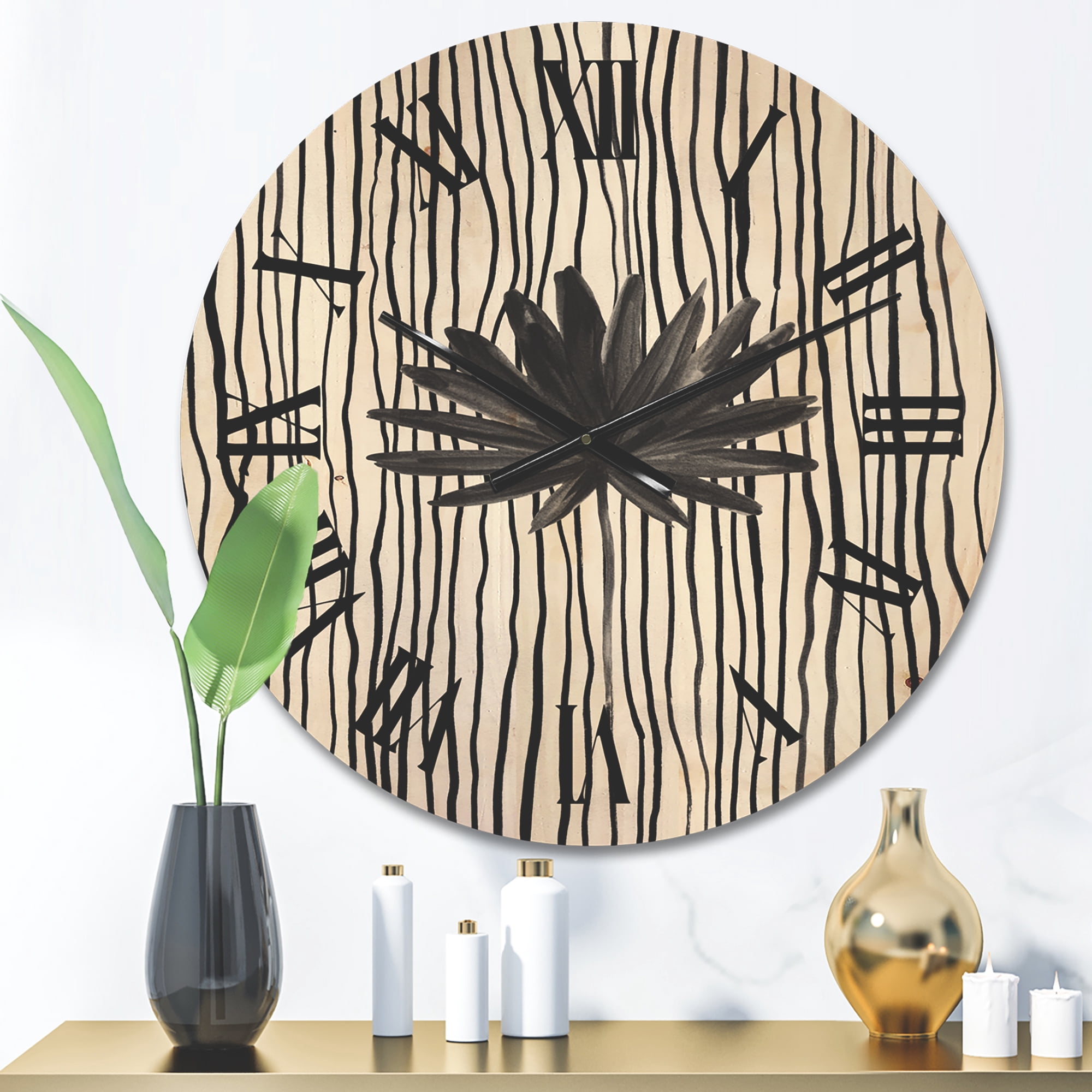 Designart 'Black and White Striped Under Tropical Leaf III' Modern Wood Wall Clock