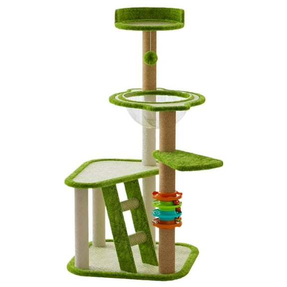 46in Cat Tree Tower, 3 Level Green Style Cat Tree, with Stairs, Cat Sleep Bowl, Small Cat Ball Rolling Toy, and Scratching Post, Multifunction Cat Tree