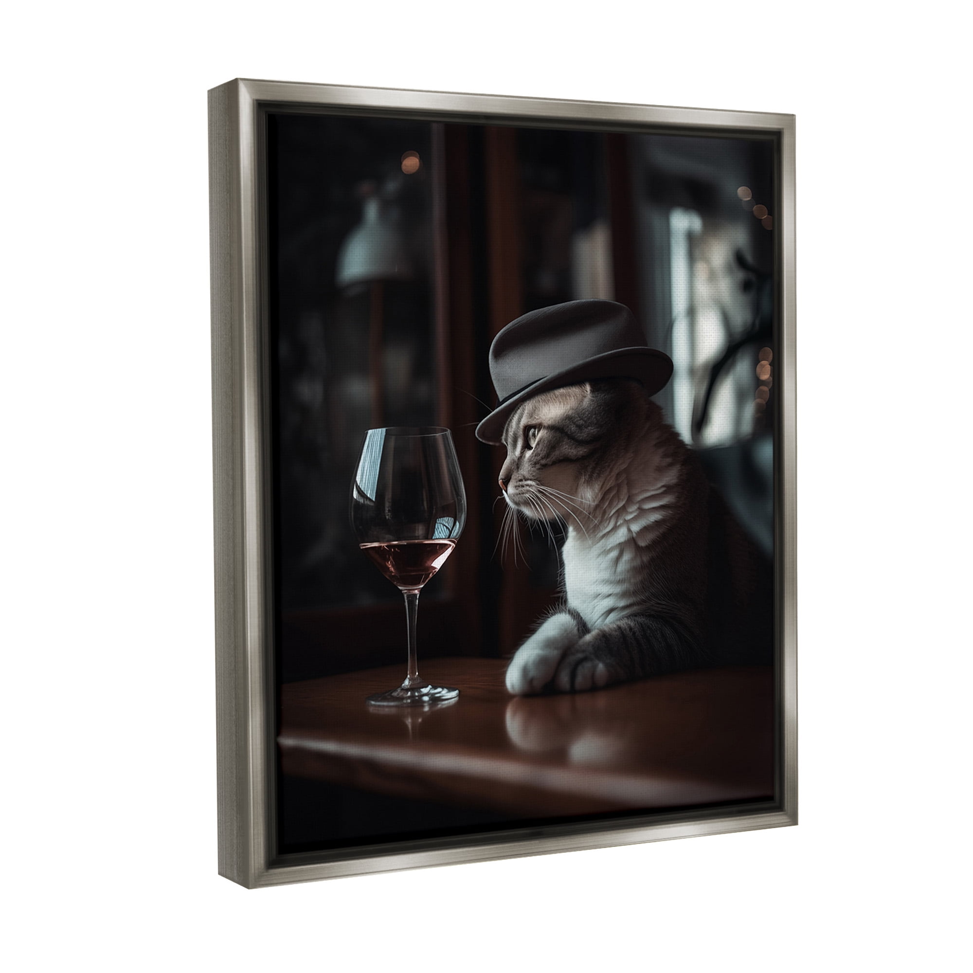 Stupell Industries Classy Cat at Bar Animals & Insects Painting Gray Floater Framed Canvas Art Print Wall Art, 25 x 31