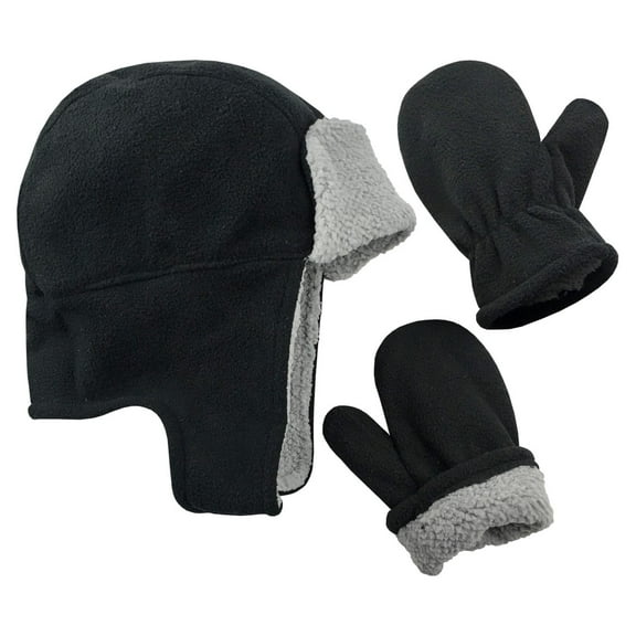 N'Ice Caps Boys Toddler Baby Fleece Sherpa Lined Trooper Hat Mitten Set - Childrens Black Winter