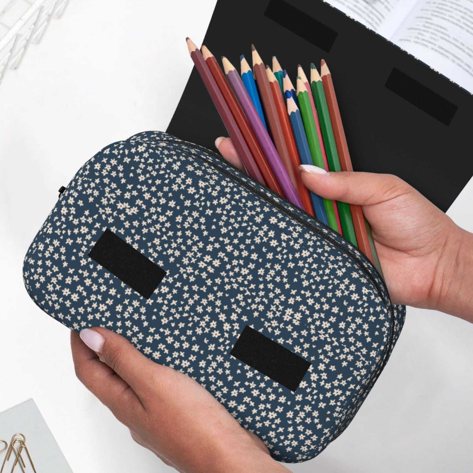 Rateoe Small White Flowers Pattern Double Clamshell Pen Case, Storage Organizer with Two Zipper Compartments– Holds Up to 50 Pencils & Pens