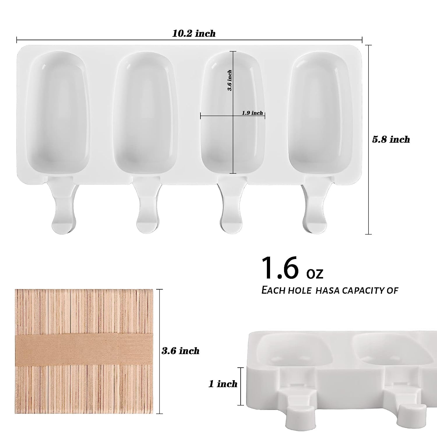 Holzlrgus Popsicle Silicone Molds Set, 2 PCS Ice Cream Molds with 50 Wooden Sticks for Cake Pop, Ice Pop, Cakesicles, (Standard Size/White)