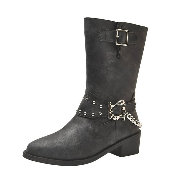 Hvyesh Mid Calf Dress Boots For Women Biker Boots Chunky Heel Slouchy Metal Buckle Side Zipper Fashion Festival Winter Shoes,Boots for Women Clearance
