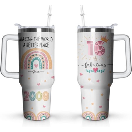 16th Birthday Gifts Cup 40 Oz Stainless Steel Tumbler with Handle & Straw 16 Year Old Birthday Gifts for Girls Coffee Mug 16th Birthday Decorations for Girls Happy 16th Birthday Gifts for Girls