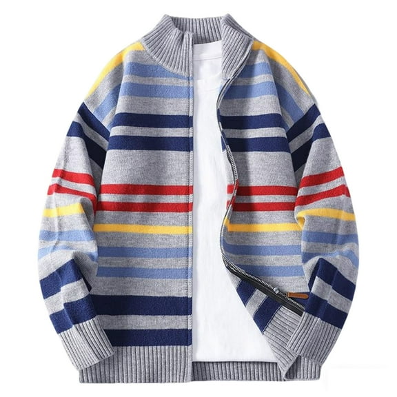 ZUKMRJPC Men's Full Zip Up Cardigan Sweaters Stand Collar Rainbow Striped Casual Knitted Texture Sweater Fall Loose Comfortable Outwear