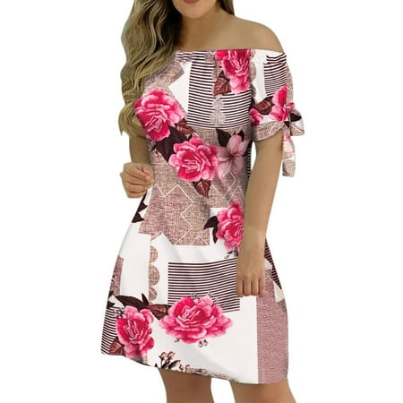 Blphud Woman Summer Dress Dresses Women Fashion Casual Summer Off Shoulder Print Dress Stripped Short Sleeves Dress Mother Day Dresses for Women Hot Pink XXL