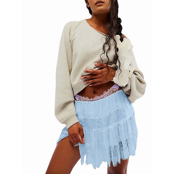 Women'S Y2k Half Slip Skirt Low Rise Pleated Ruffle LaceTrim Skirt Layered Flowy Short Skirts Underskirt Light Blue XL