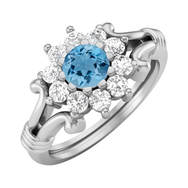 4.5MM Forme Ronde Suisse Topaze Bleue 925 Argent Sterling Cluster Femmes Bague de Fiançailles