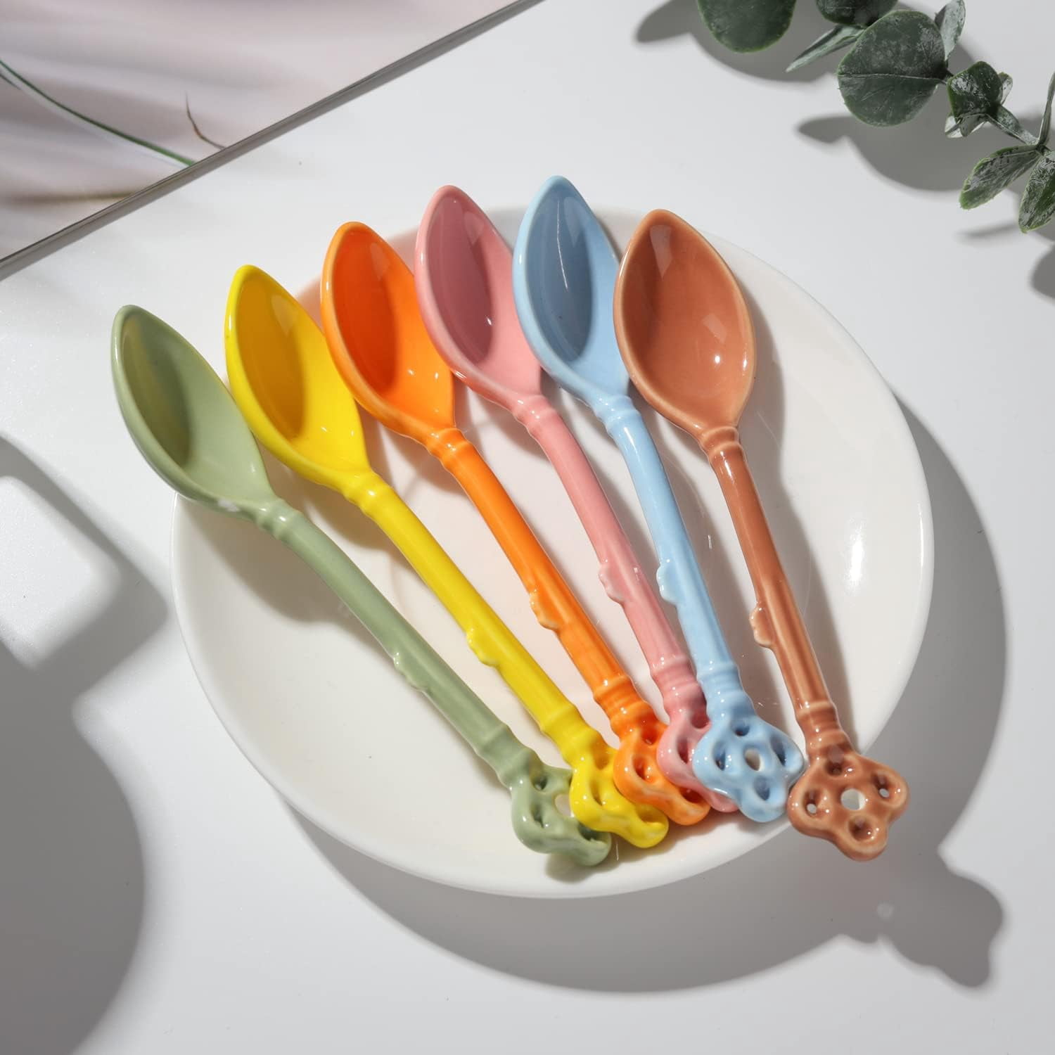 ABCISI Retro Key Shape Coffee Spoons, Vintage Ceramic Espresso Spoons Set of 6, Small Coffee Stirring Spoon for Coffee, Dessert, Tea and Ice Cream, Multicolored