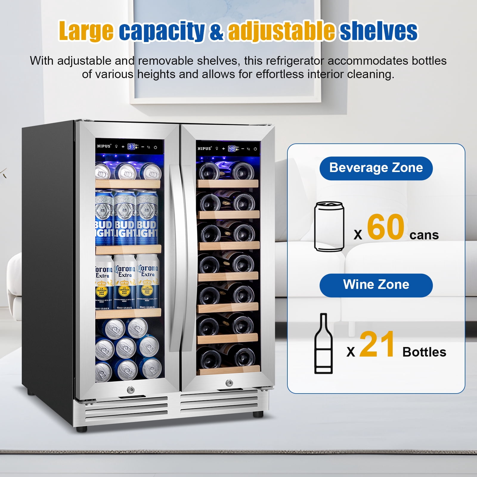 TITTLA 24 inch Wine and Beverage Refrigerator,Dual Zone 21 Bottles and 80 Cans,Built in,Silver
