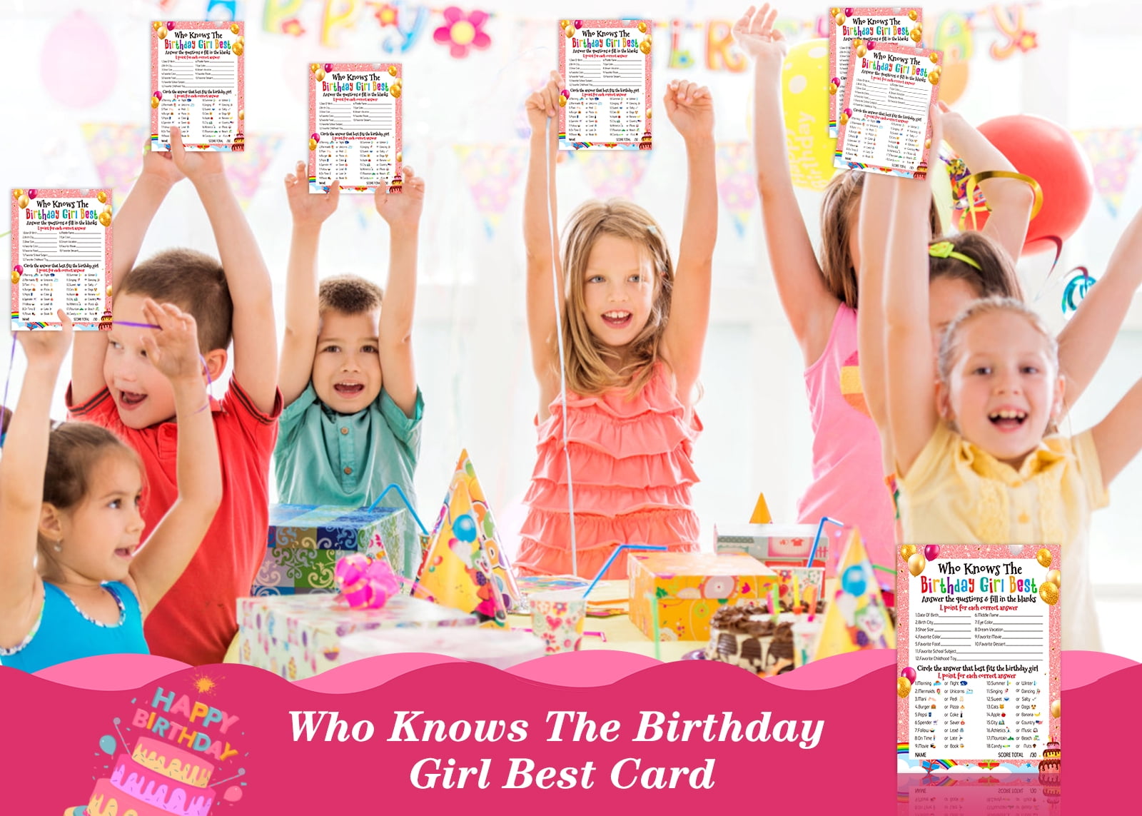30 Pcs "Who Knows The Birthday Girl Best" Game Cards - Pink Bow Theme, 5x7 Inch, Party Game
