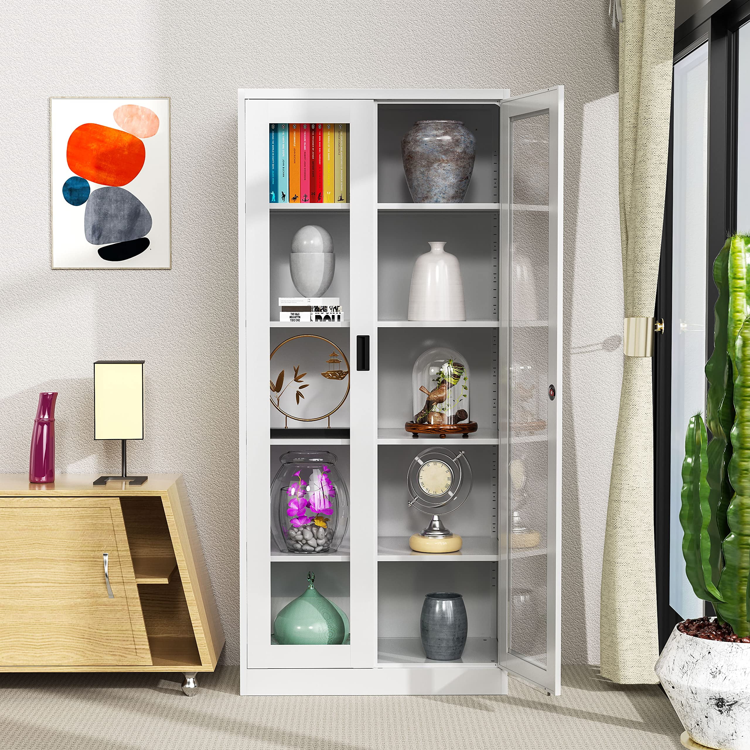 Fesbos Tall Bookcase Storage with Tempered Glass Door,Metal