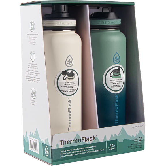 Thermoflask 40oz Stainless Steel Chug Water Bottle, White   Green