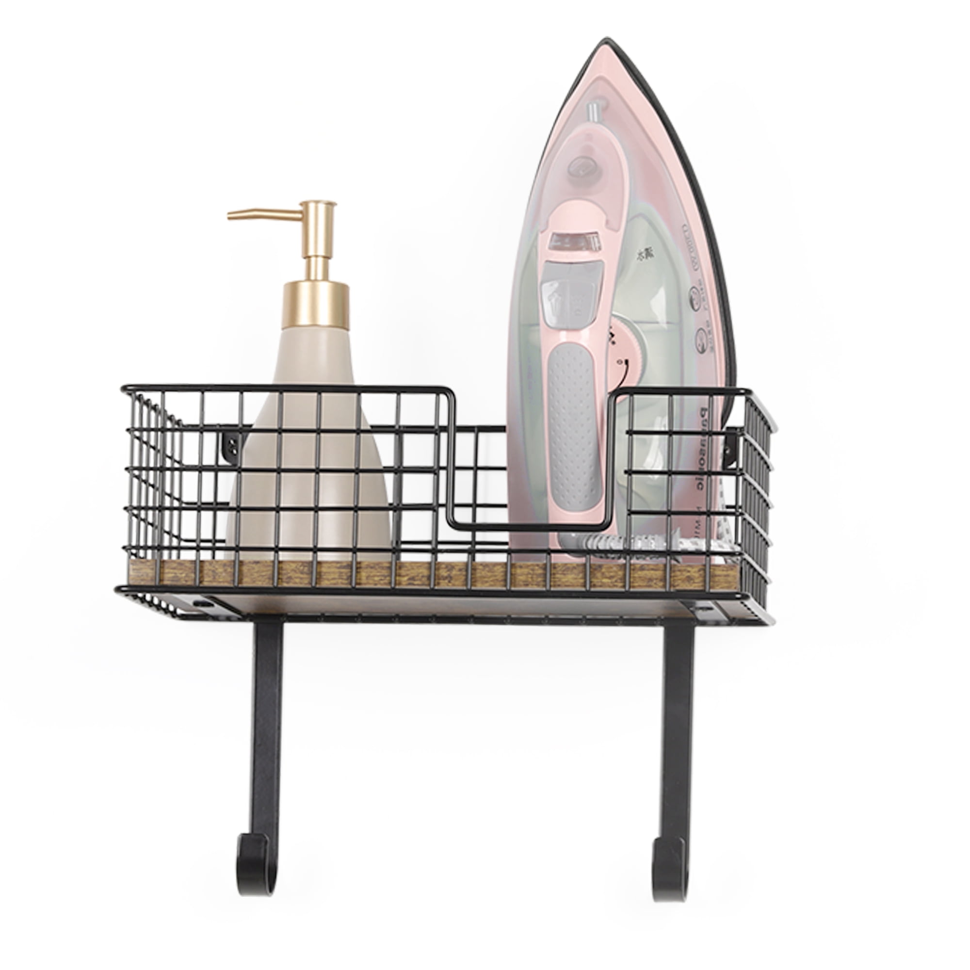 Wall Mounted Ironing Board Hanger for T-Leg with Storage Basket and Removable Hooks, Black