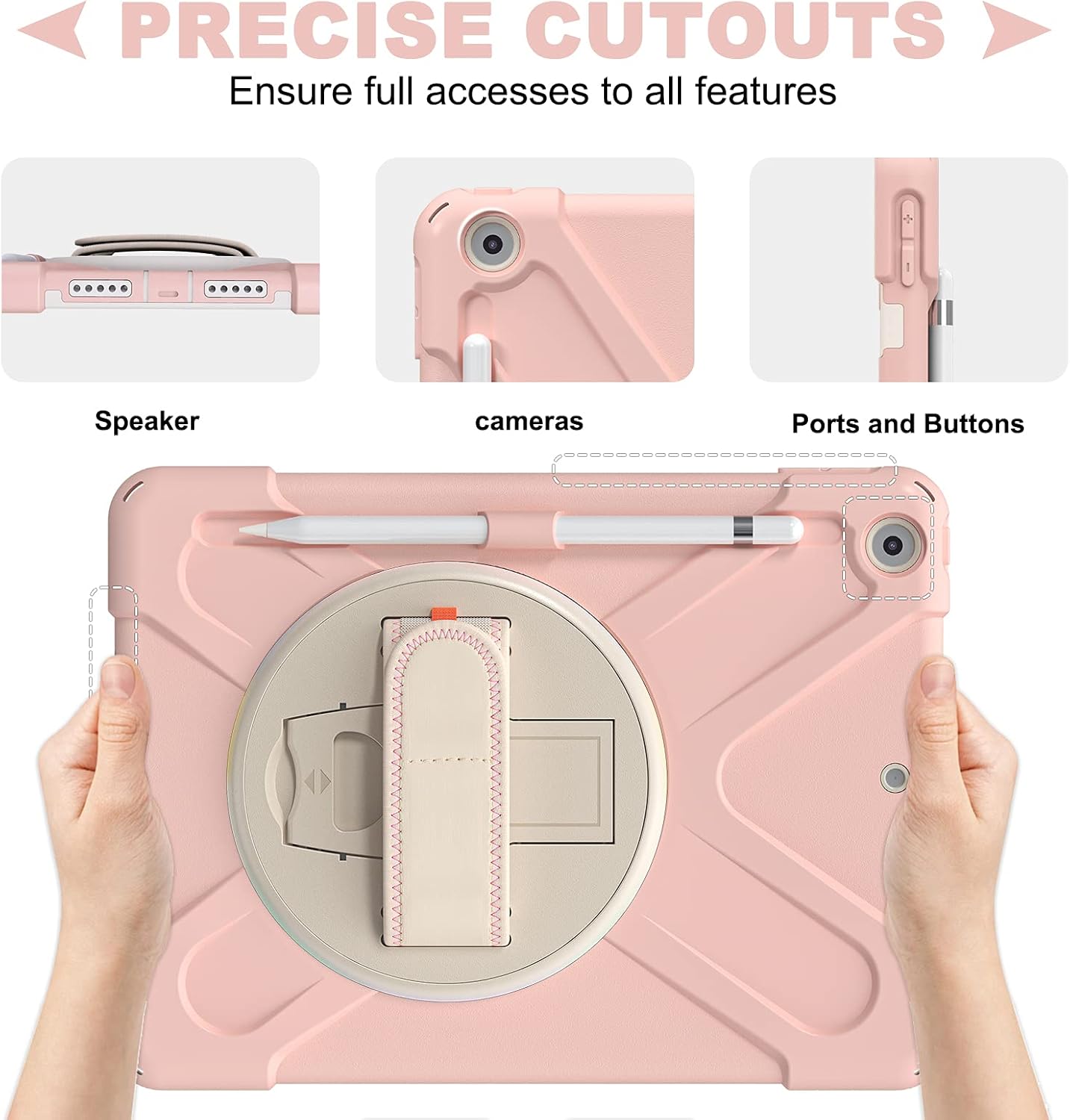 ZenRich Shockproof Case for iPad 9th/8th/7th Generation 10.2 inch 2021/2020/2019, Heavy Duty Rugged Case with Pencil Holder/360° Rotating Kickstand/Handle/Carrying Strap, Pink