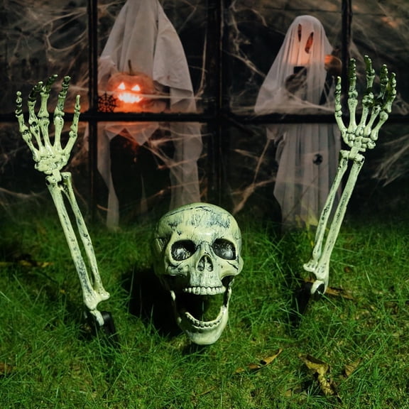 3PCS Halloween Skeleton Stakes Decorations, Halloween Decorations Outdoor, Skeletons Halloween Yard Decorations, Realistic Skull And Hands With Lawn Stakes For Halloween Yard Lawn Garden Decoration