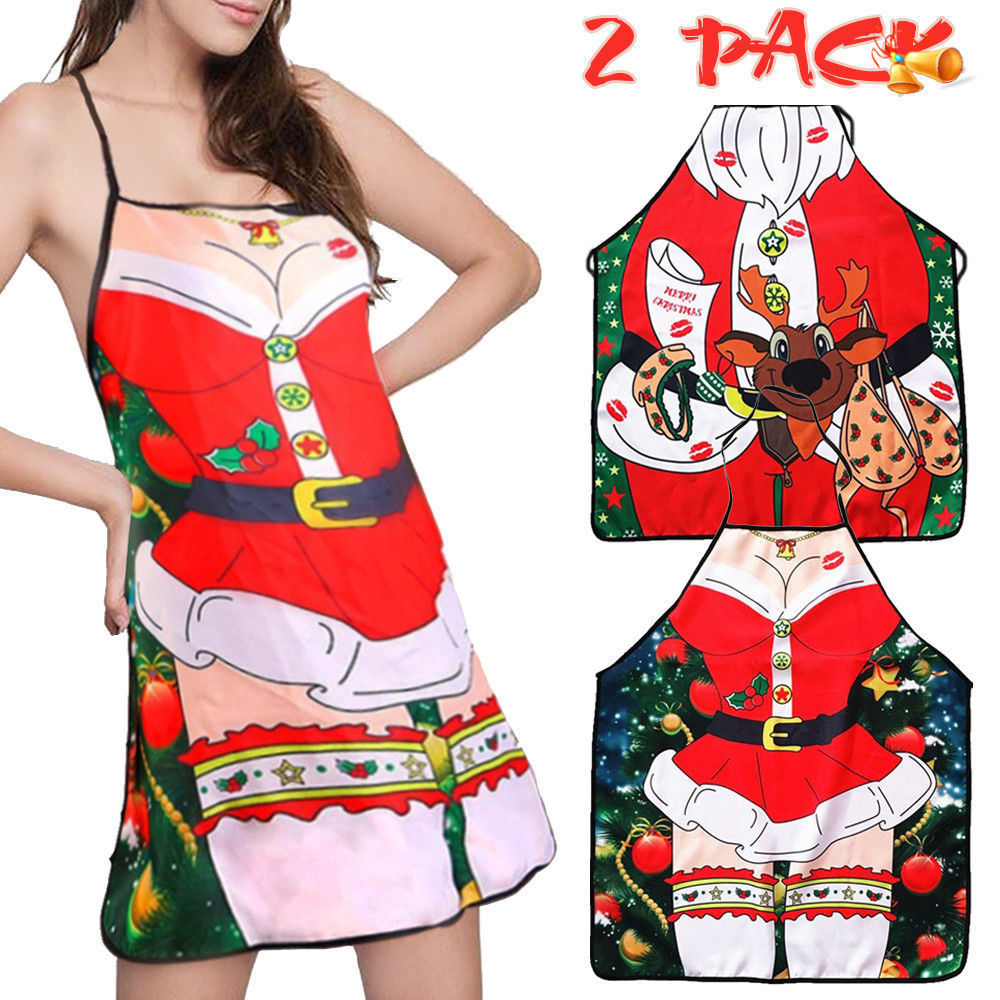 [2 Pack]Christmas Aprons, iClover Santa & Reindeer Xmas Decoration Aprons for Adults Women and Men Dinner Party Chef Cooking Baking Crafting Apron Christmas Gift Kitchen Accessories