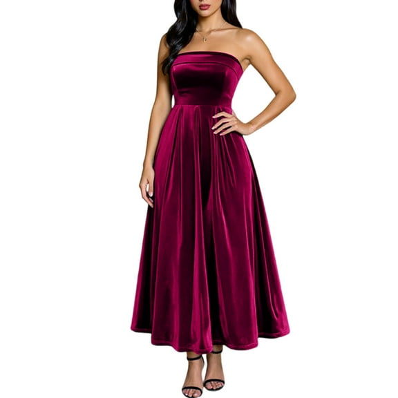 Stichou Womens Tube Sleeveless Velvet Cocktail Dresses High Waist Party Maxi Wedding Guest Ruched A Line Dress Red XL