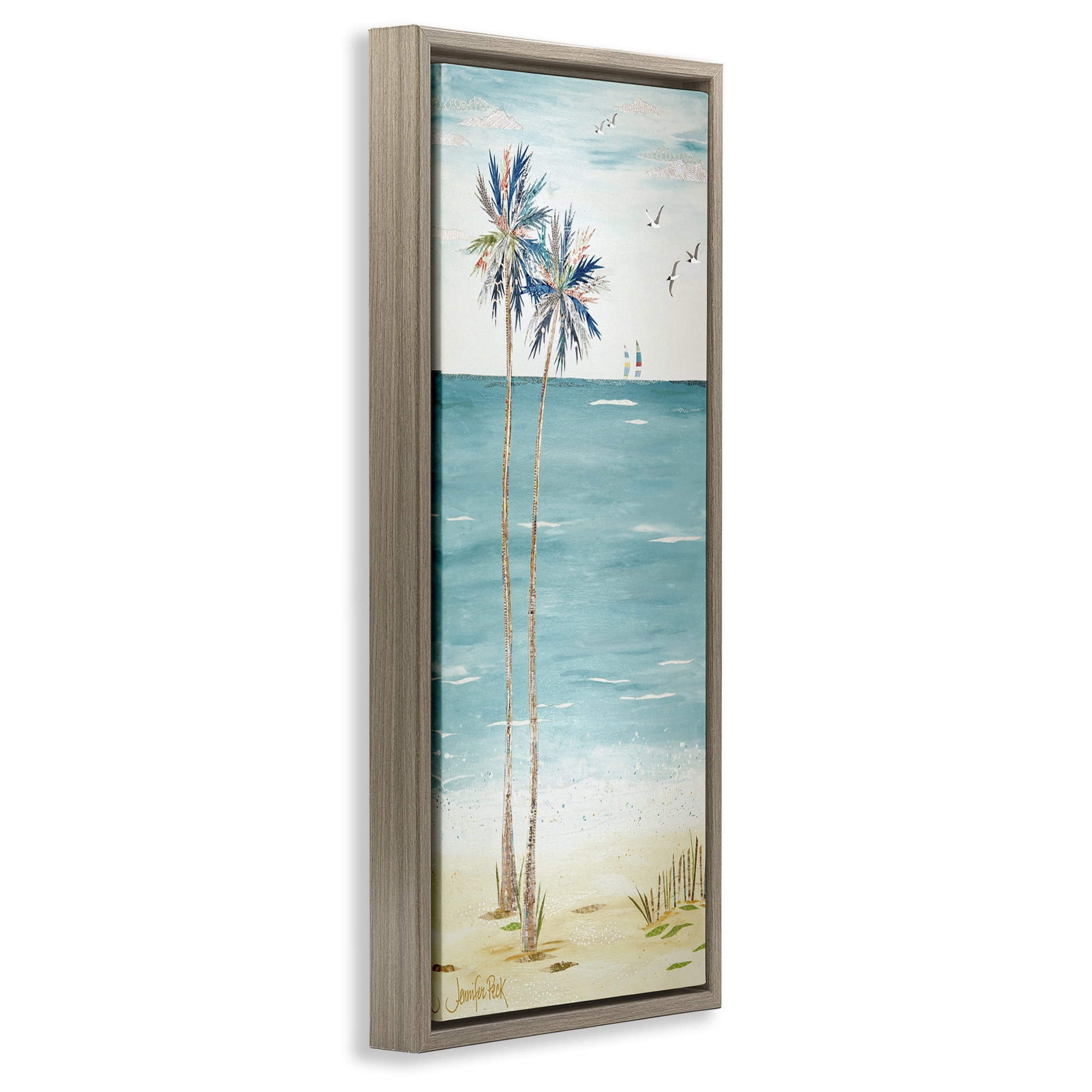 Stupell Industries Palms & Distant Boats Landscape Painting Brown Floater Framed Canvas Art Print Wall Art, 15 x 31