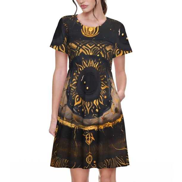 Balery Mystical Golden Eye Vestidos sueltos de manga corta para mujer, vestidos de verano 2025, vestidos casuales de corte A con vuelo.
