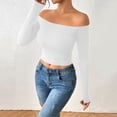 thumbnail image 2 of FRSASU Womens Round Neck Long Sleeve Shirts Solid Casual Slim Fitted Comfy off Shoulder Fashion Tops White S(S), 2 of 4