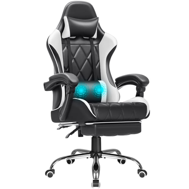 Homall Gaming Chair with Footrest Massage Office Chair Computer Racing Chair High Back PU Leather Chair,White