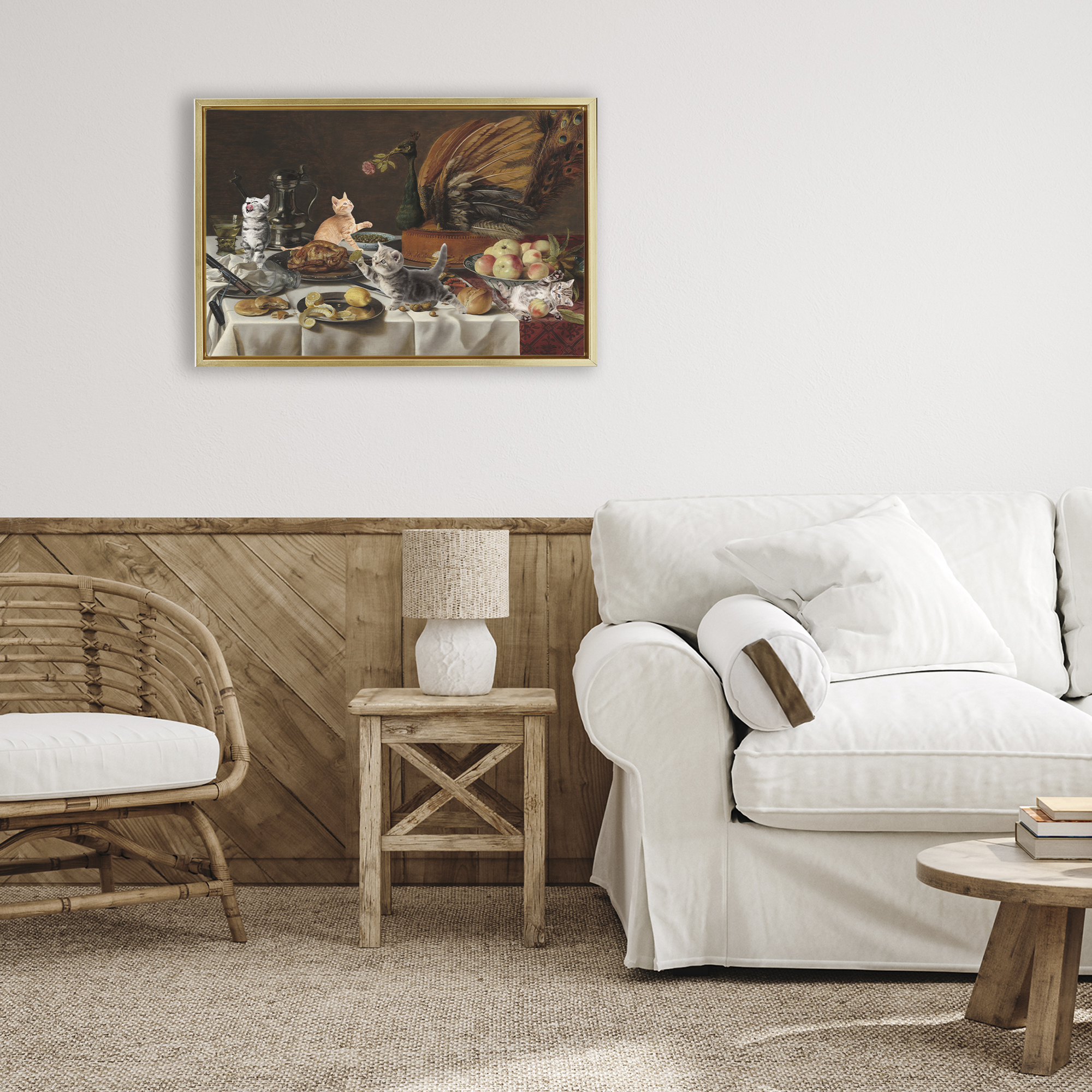 Kittens on Still Life Feast Gold Framed Floater Canvas Wall Art, design by Masters Redux