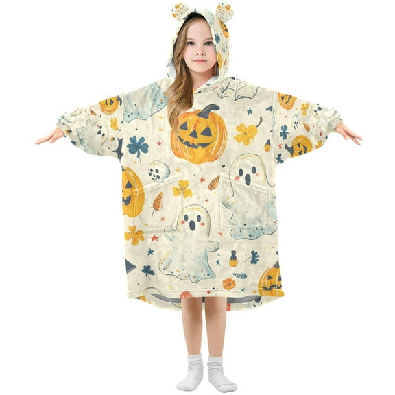 FORMRS Wearable Blanket Hoodie with Sleeves for Kids Cozy Flannel Sweatshirt, Halloween Cute Ghosts