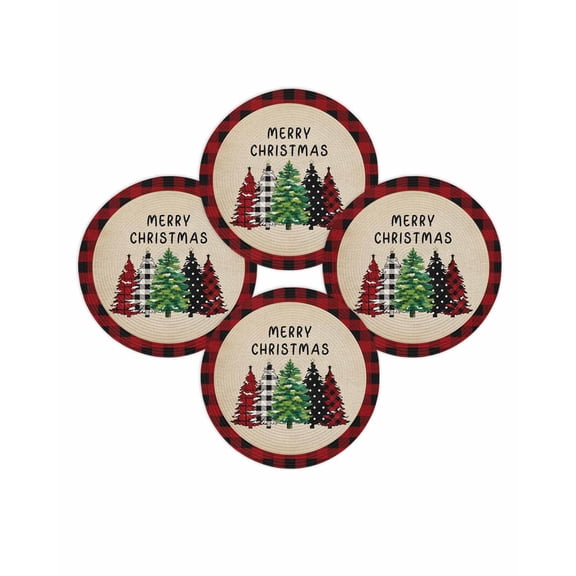 Christmas Round Placemats Set of 4 Merry Christmas Tree Place Mats Washable Woven Placemat Red Buffalo Plaid Linen Circle Braided Table Mat for Kitchen Dining Table Party Home Decor 15 Inch