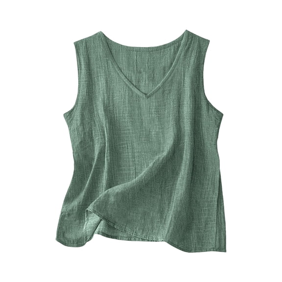 Tbopshirt Sleeveless Tops for Women V-Neck Tank Top Linen Blend Summer Tops Casual Loose Fit Lightweight Breathable Blouse for Beach Daily Wear,Green-1