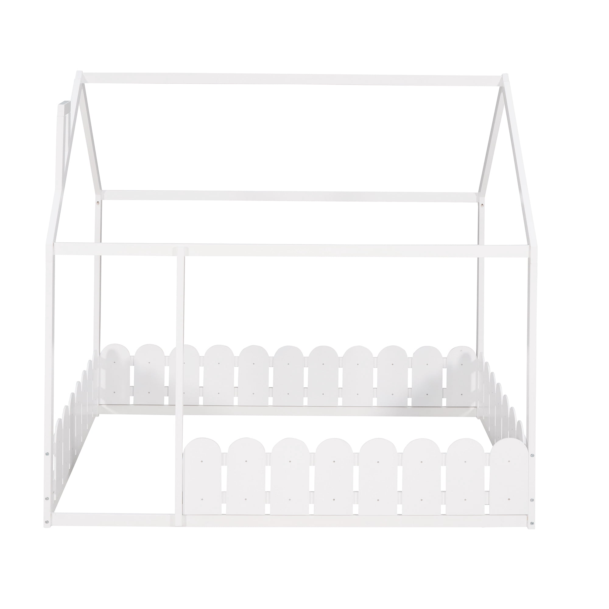 Leumius Full Size Wood House Bed with Fence & Roof,Montessori Bed Floor Bed with Safety Guardrails for Boys & Girls,White