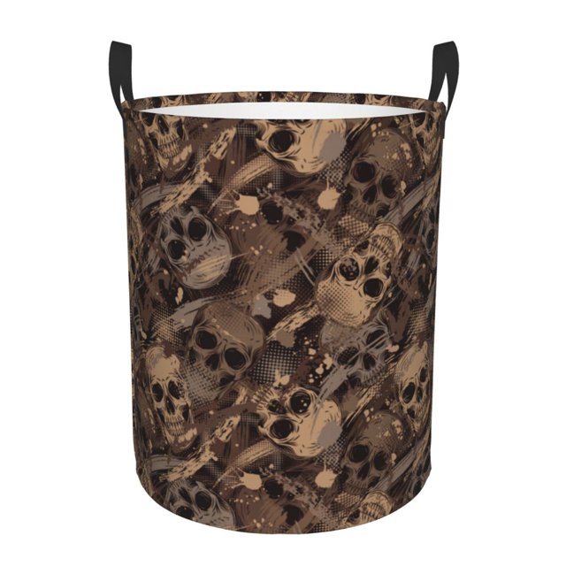 Balery Brown Camouflage Skull Cesta de ropa redonda con asas, impermeable, independiente, para ropa, juguetes, dormitorio y familia-Medium