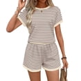 thumbnail image 6 of Guieoi Summer Two-Piece Outfit Casual Striped Color-Blocked Round-Neck Short-Sleeve Top and Shorts Summer Set, 6 of 7