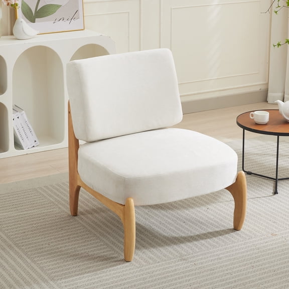 Okeysen Linen Armless Accent Chair, Upholstered Lounge Chair with Oak Wood Frame, Cozy Seating for Living Room Bedroom, Beige