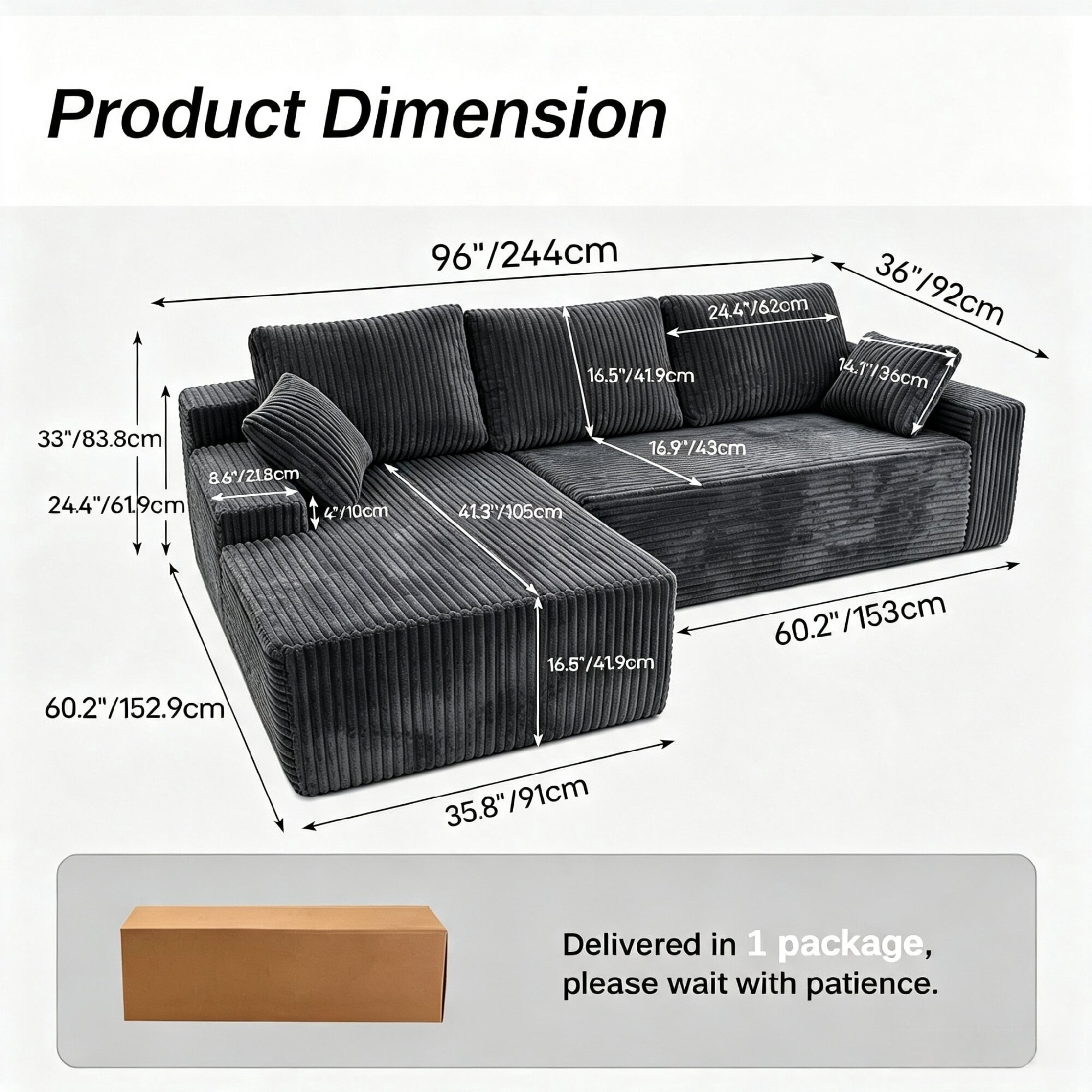 Howcool 96" L‑Shaped Modular Sectional Sofa with Deep Seat Chaise,Corduroy 3‑Seat Boneless Cloud Couch,Compressed Sofa for Living Room,No Assembly Required,Left Facing,Gray