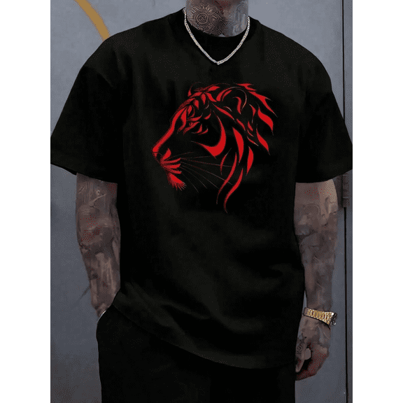 Men's Cotton Tee With Striking Lion Print. 100% Breathable Cotton, Loose Oversized Fit, Comfy Short Sleeve Graphic Shirt For Summer
