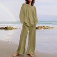 thumbnail image 2 of ibuvkizy Two Piece Sets for Women,Fall Women's Casual Shoulder Sleeved Long Sleeved Round Neck Top/Loose Straight Tube with Pocket Long Pants Set Khaki,M, 2 of 6